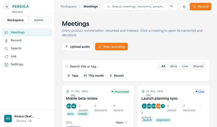 Persica Minutes meetings library with processed and live meetings