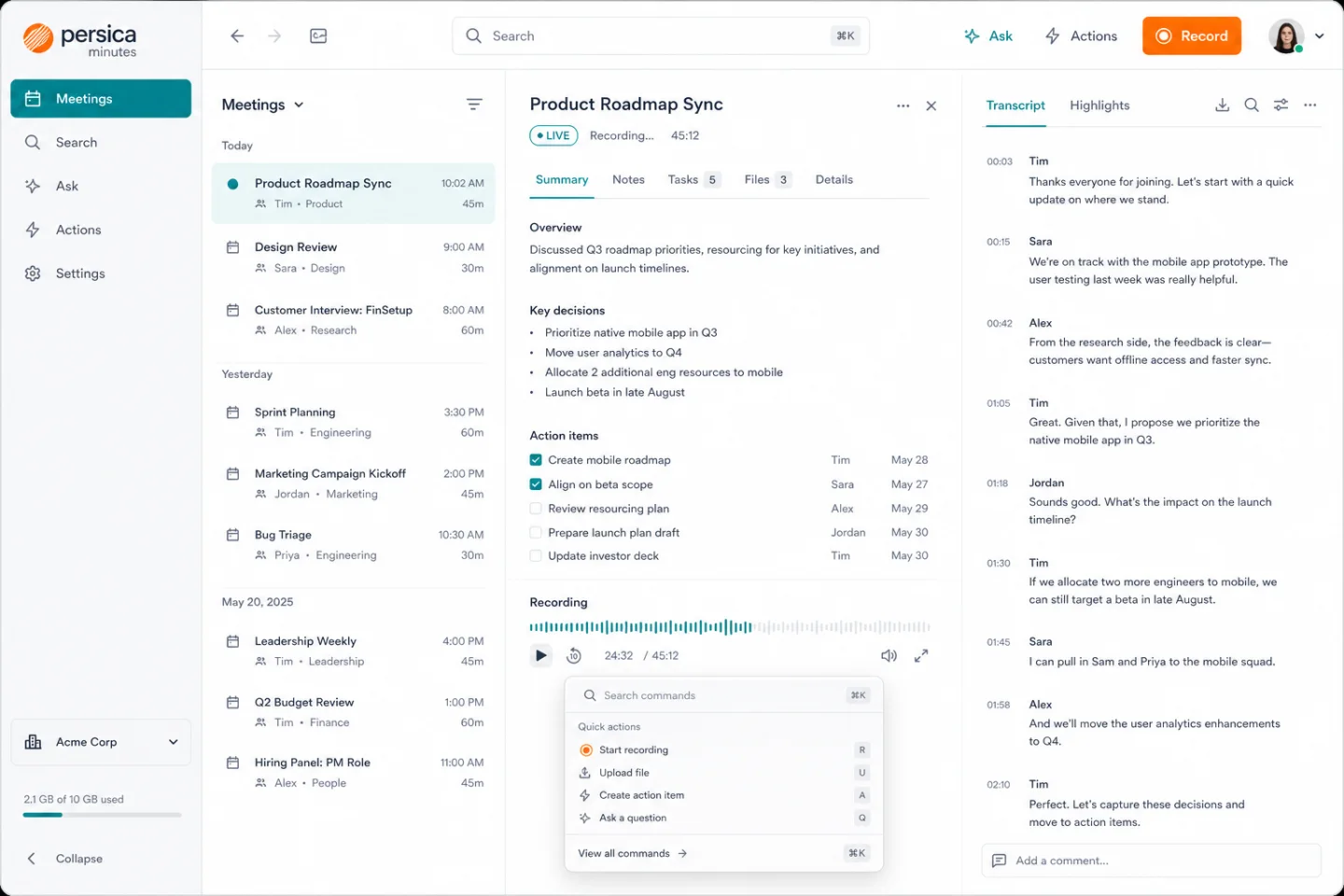 Persica Minutes meeting workbench with summary, transcript and actions